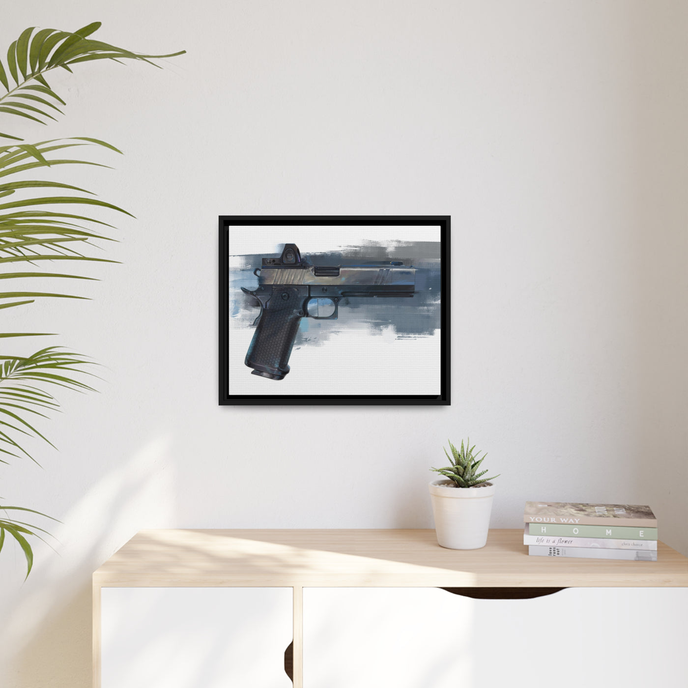 2011 Charlie - Pistol Painting - Blue Background - Black Framed Wrapped Canvas - Value Collection