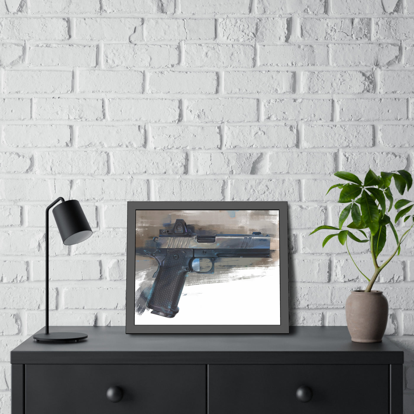 2011 Charlie - Pistol Painting - Brown Background - Black Frame - Value Collection