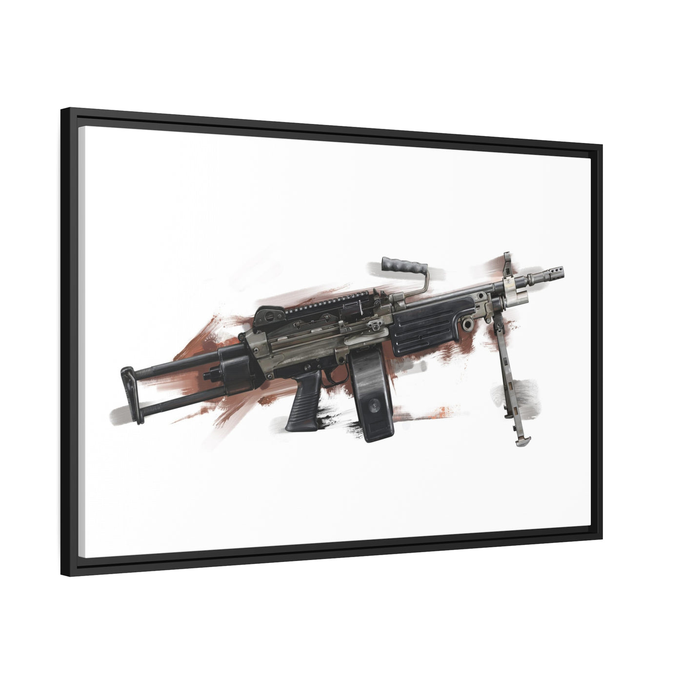 Belt-Fed 5.56x45mm Light Machine Gun Painting - Red Background - Black Framed Wrapped Canvas - Value Collection