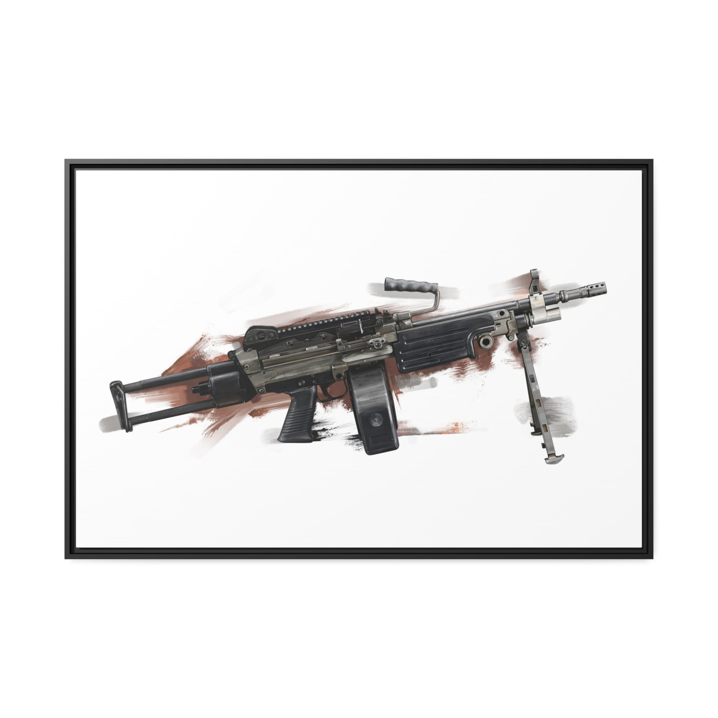 Belt-Fed 5.56x45mm Light Machine Gun Painting - Red Background - Black Framed Wrapped Canvas - Value Collection