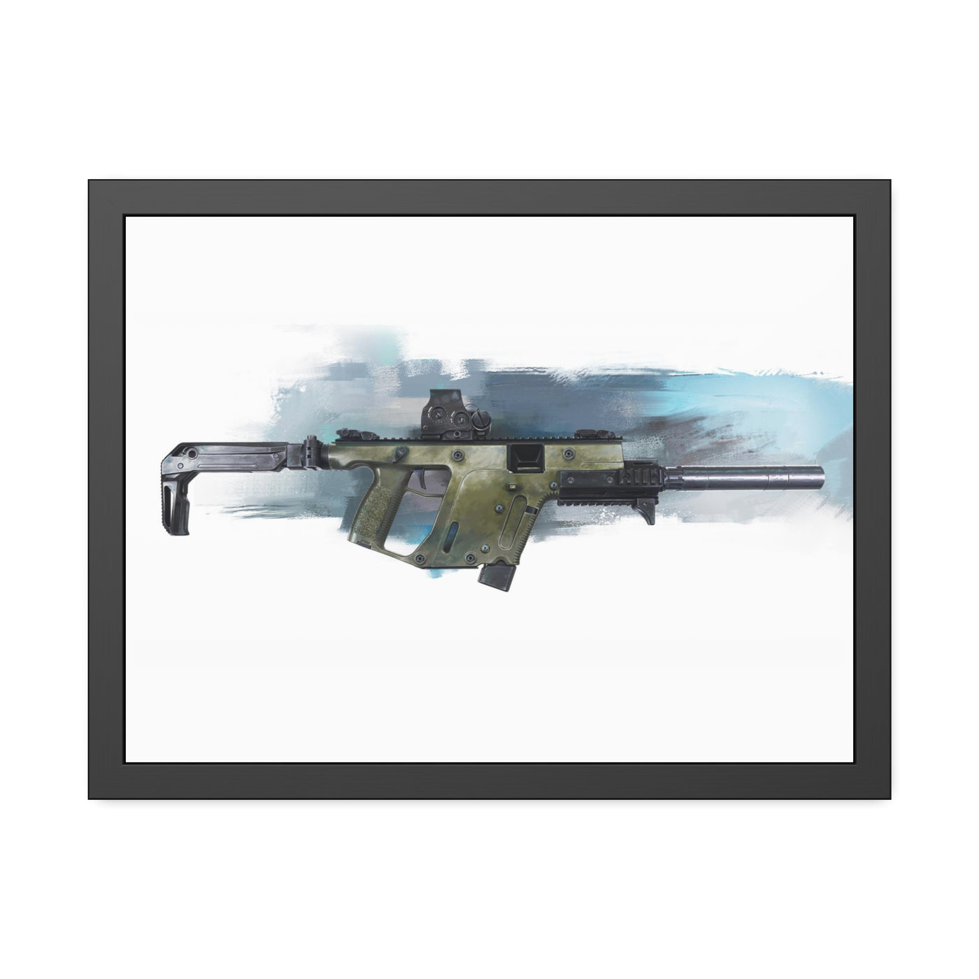 The Vindicator - Suppressed SMG Painting - Blue Background - Black Frame - Value Collection