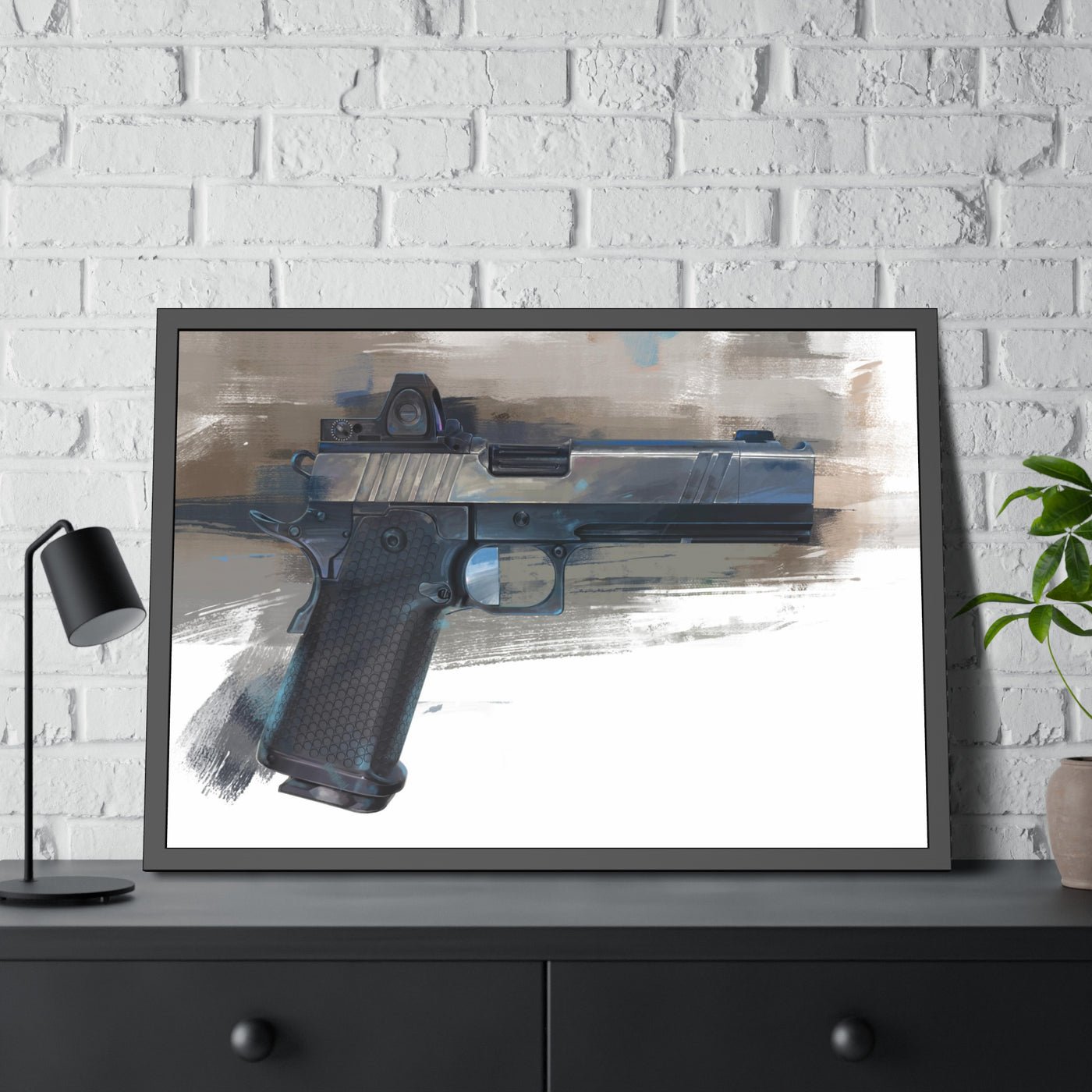 2011 Charlie - Pistol Painting - Brown Background - Black Frame - Value Collection