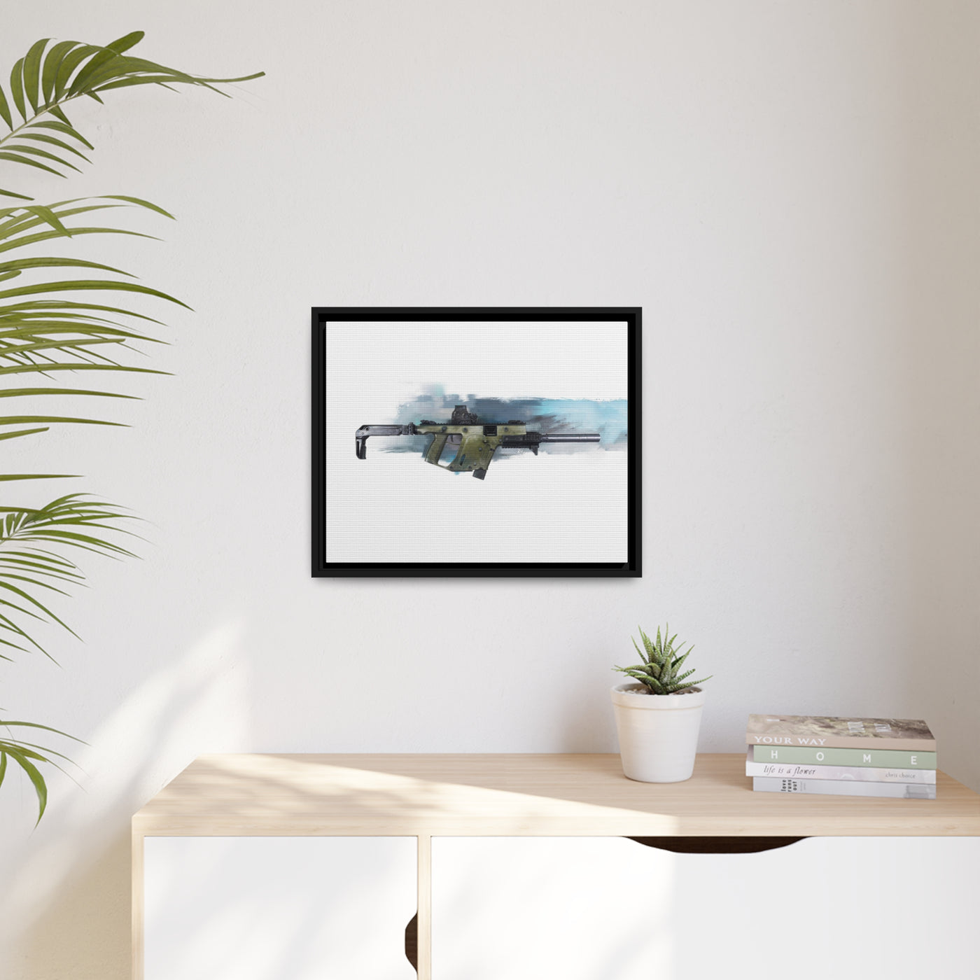 The Vindicator - Suppressed SMG Painting - Blue Background - Black Framed Wrapped Canvas - Value Collection