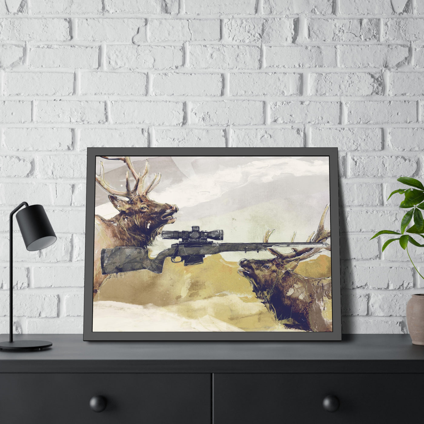 Elk Hunting Rifle Painting - Black Frame - Value Collection