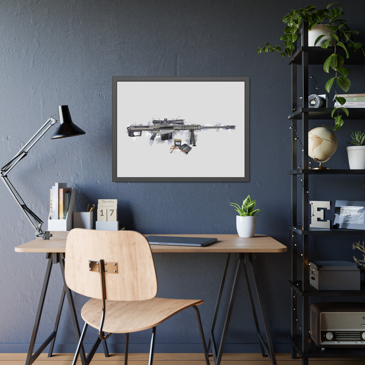 The Long-Range Legend - .50 Cal BMG Rifle Painting - Blue Accents - Black Frame - Value Collection