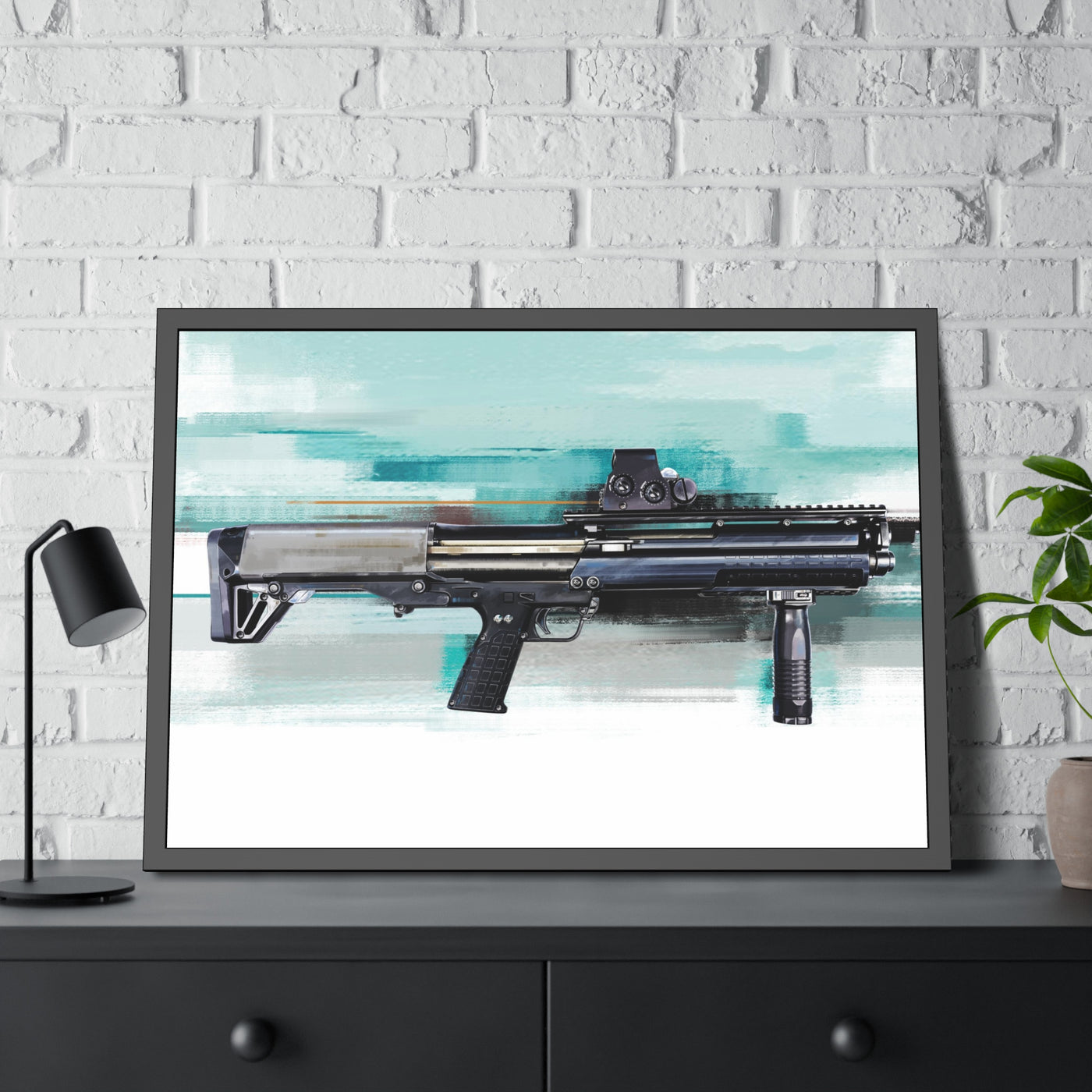 Tactical Bullpup Shotgun Painting - Green Background - Black Frame - Value Collection