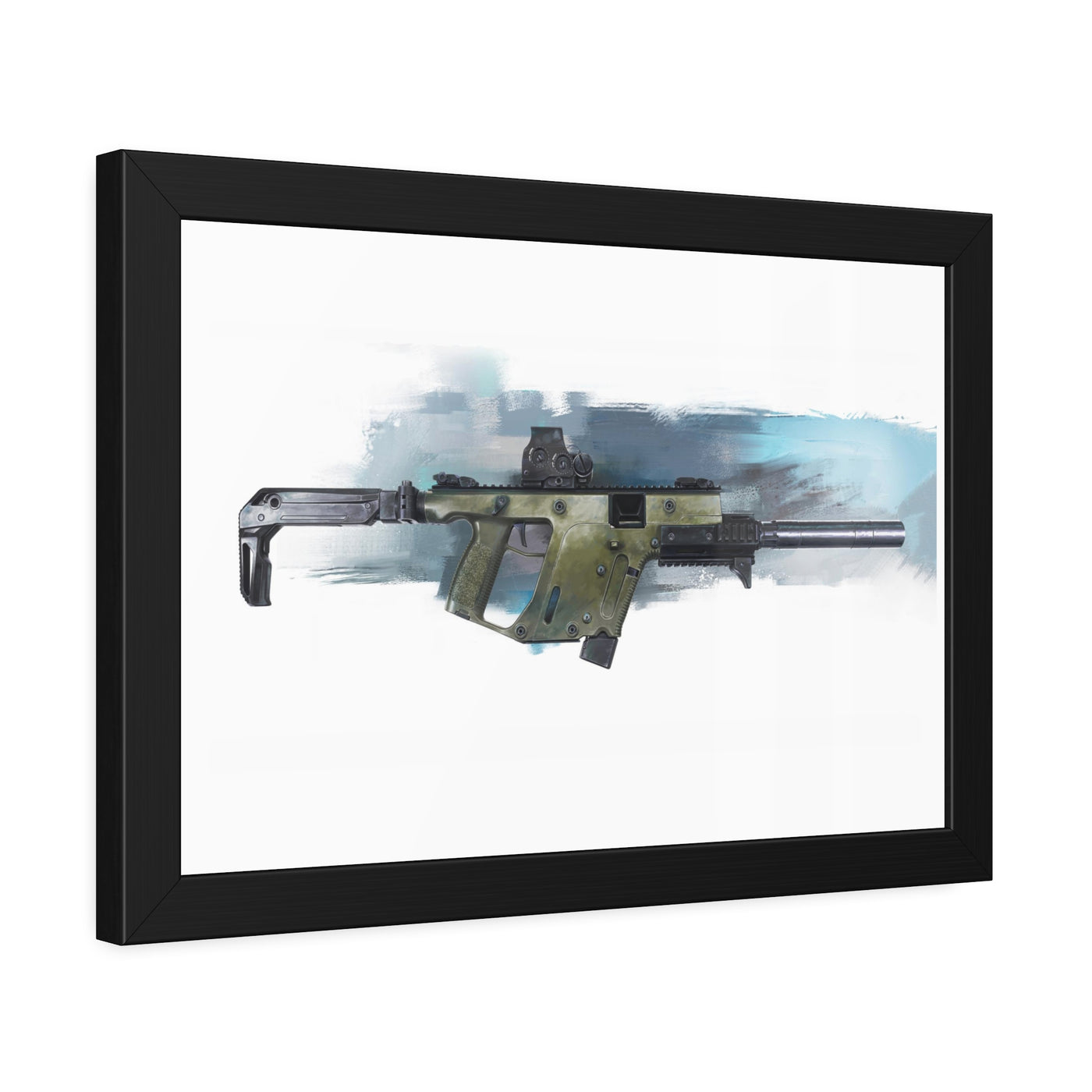 The Vindicator - Suppressed SMG Painting - Blue Background - Black Frame - Value Collection