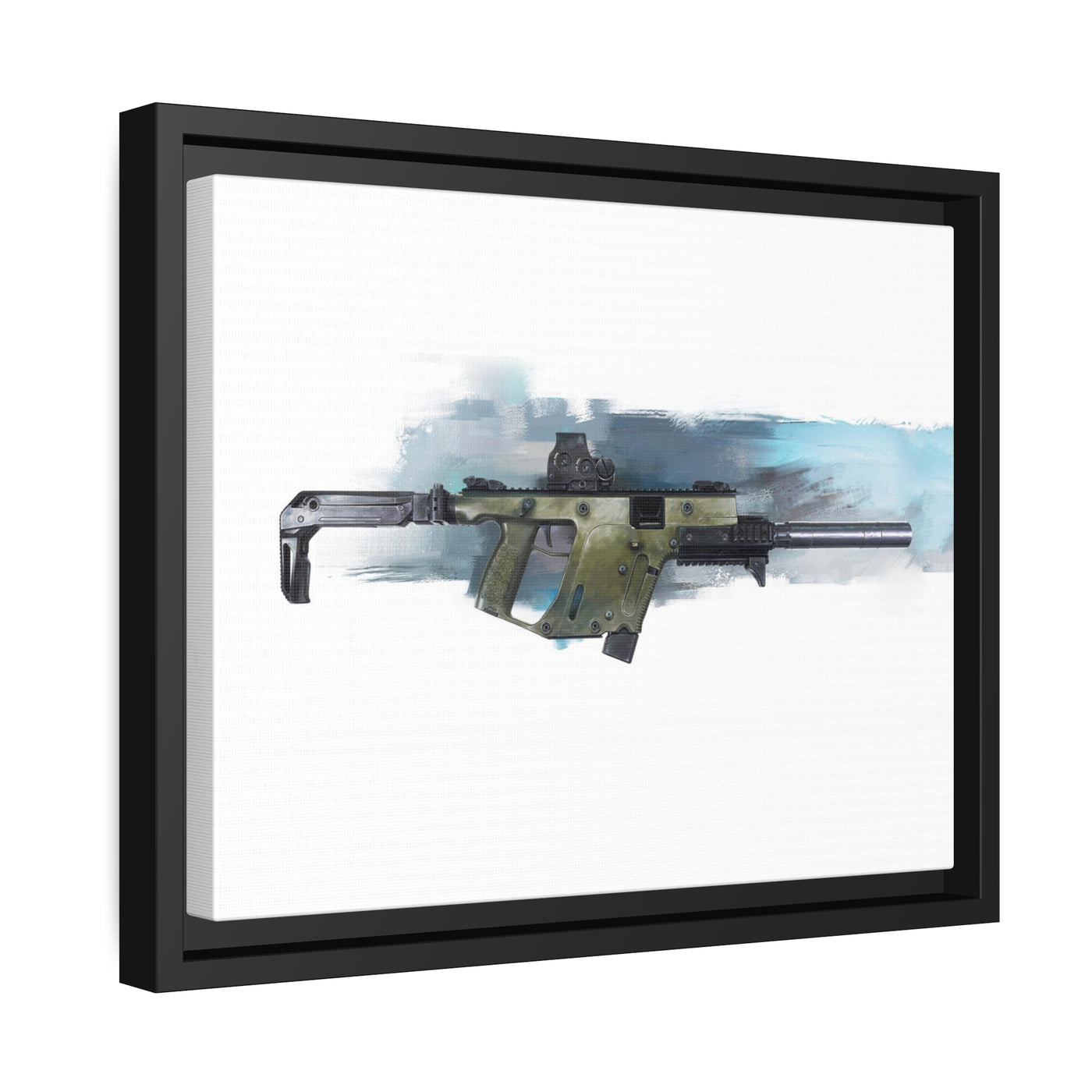 The Vindicator - Suppressed SMG Painting - Blue Background - Black Framed Wrapped Canvas - Value Collection