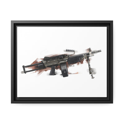 Belt-Fed 5.56x45mm Light Machine Gun Painting - Red Background - Black Framed Wrapped Canvas - Value Collection