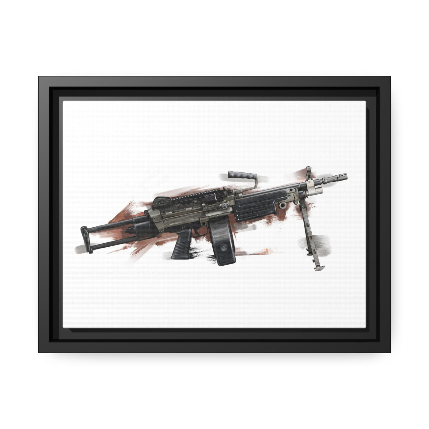 Belt-Fed 5.56x45mm Light Machine Gun Painting - Red Background - Black Framed Wrapped Canvas - Value Collection