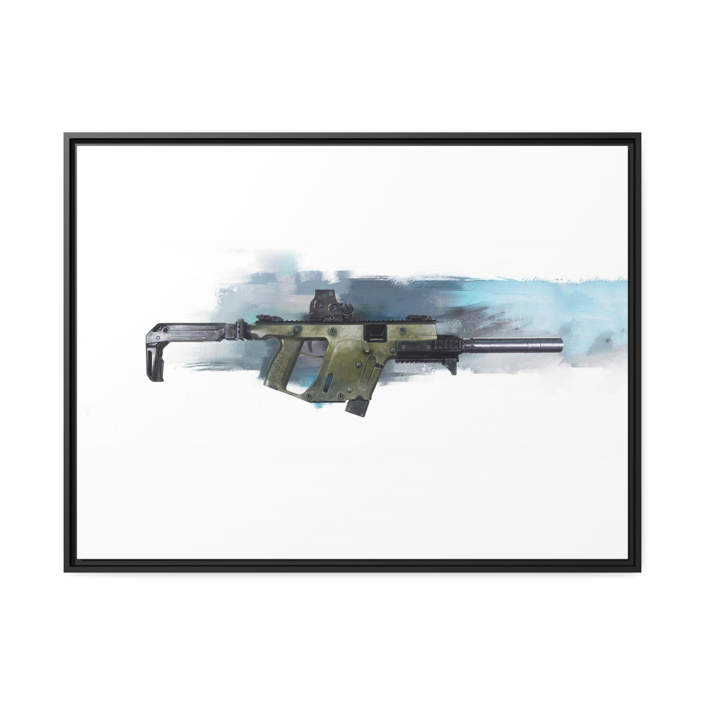 The Vindicator - Suppressed SMG Painting - Blue Background - Black Framed Wrapped Canvas - Value Collection