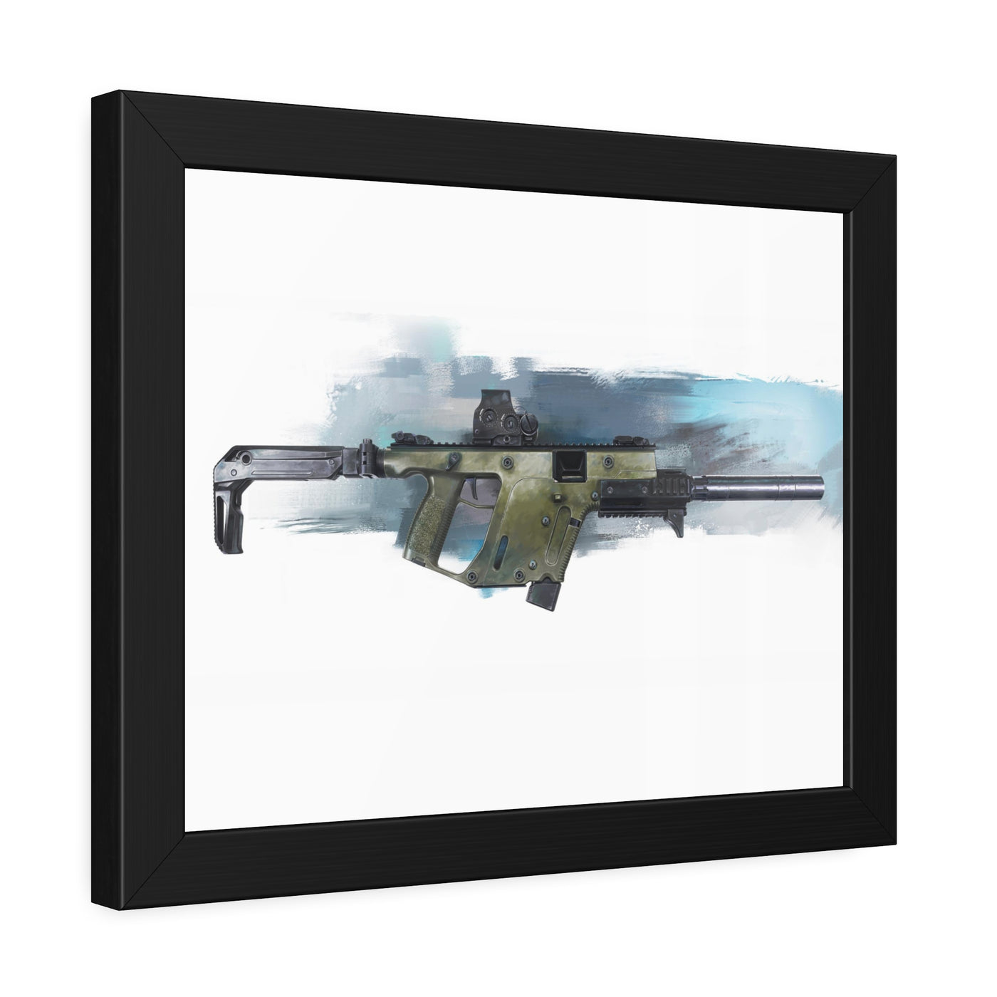 The Vindicator - Suppressed SMG Painting - Blue Background - Black Frame - Value Collection