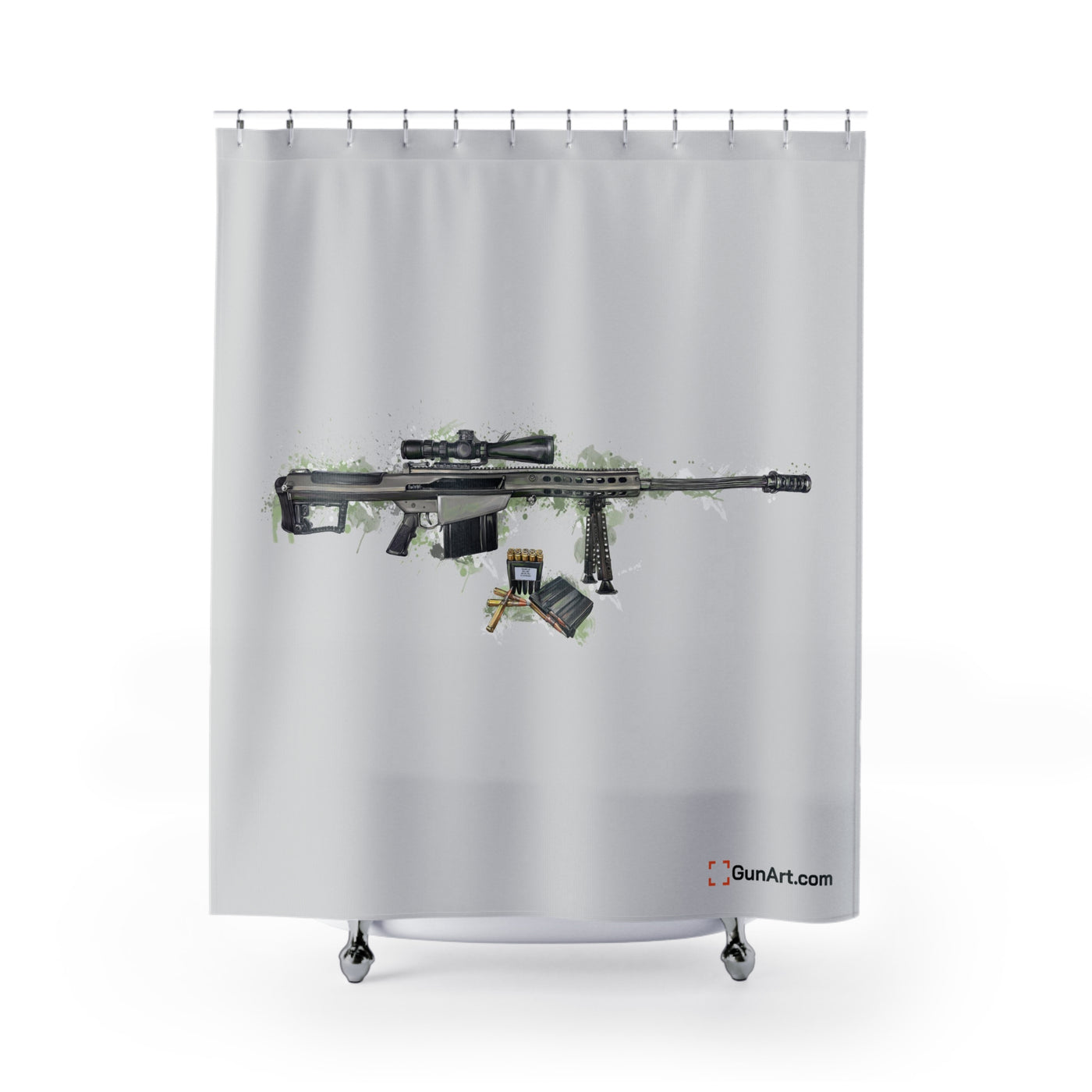 The Long-Range Legend - .50 Cal BMG Rifle Shower Curtain - Green Background