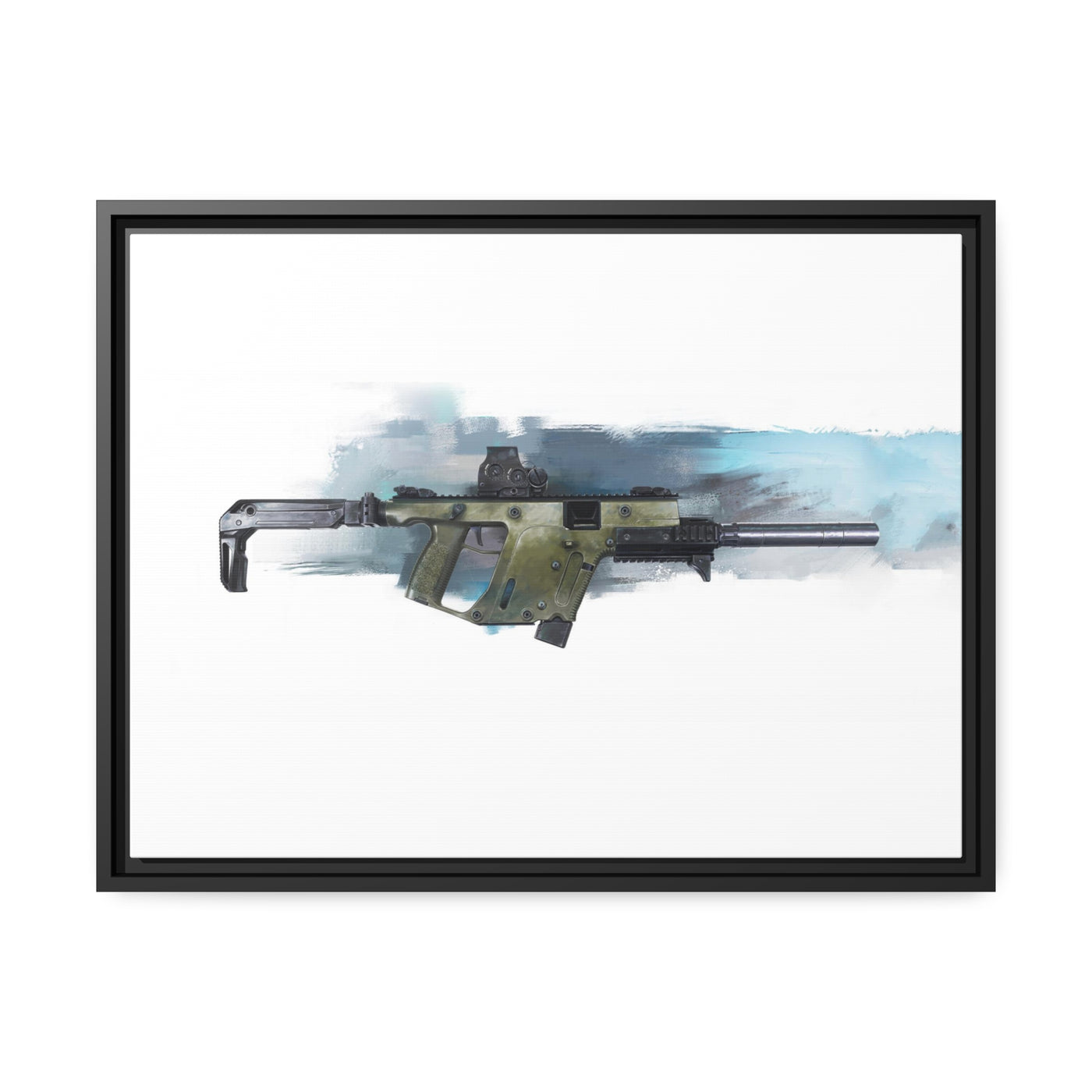 The Vindicator - Suppressed SMG Painting - Blue Background - Black Framed Wrapped Canvas - Value Collection