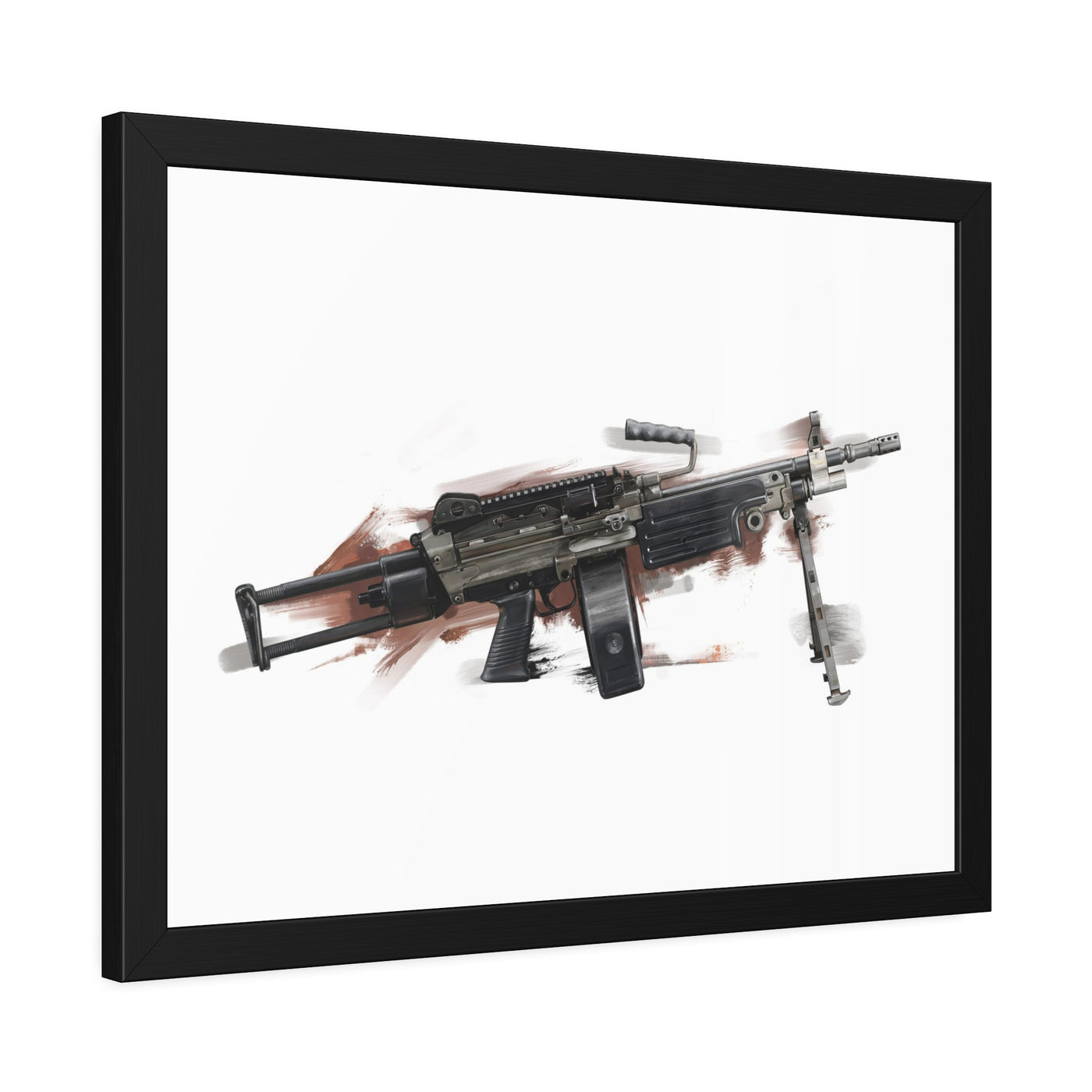 Belt-Fed 5.56x45mm Light Machine Gun Painting - Red Background - Black Frame - Value Collection