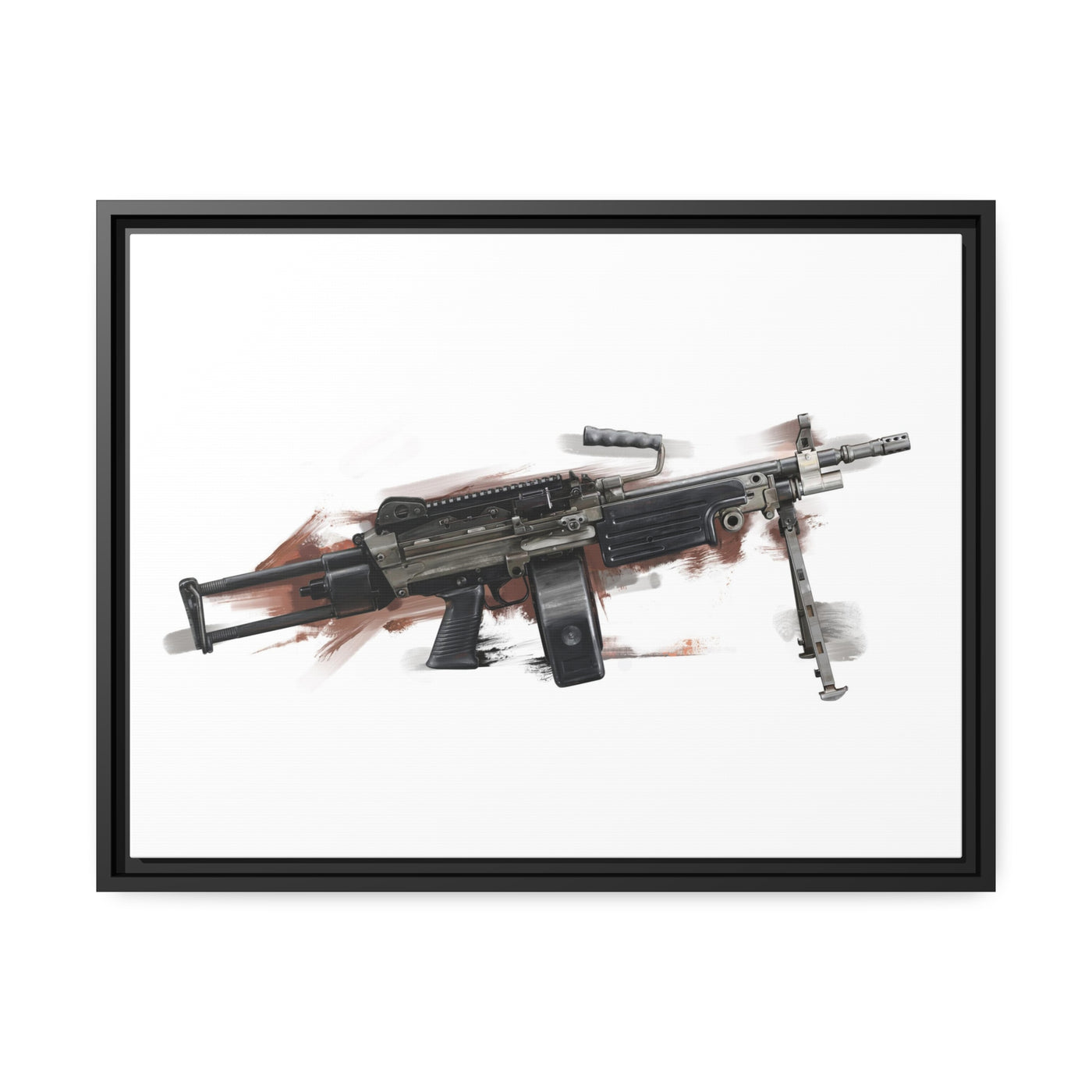 Belt-Fed 5.56x45mm Light Machine Gun Painting - Red Background - Black Framed Wrapped Canvas - Value Collection