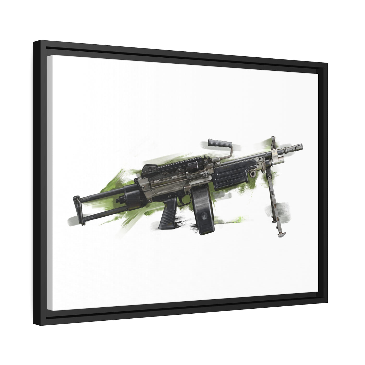 Belt-Fed 5.56x45mm Light Machine Gun Painting - Green Background - Black Framed Wrapped Canvas - Value Collection