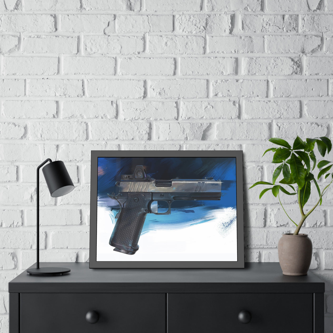 2011 Charlie - Pistol Painting - Dark Blue Background - Black Frame - Value Collection