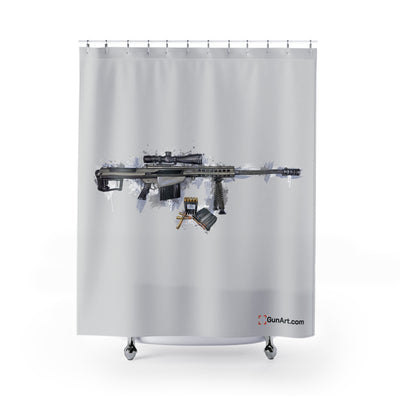The Long-Range Legend - .50 Cal BMG Rifle Shower Curtain - Blue Background