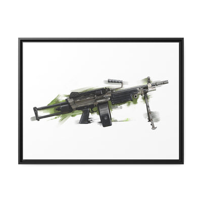 Belt-Fed 5.56x45mm Light Machine Gun Painting - Green Background - Black Framed Wrapped Canvas - Value Collection