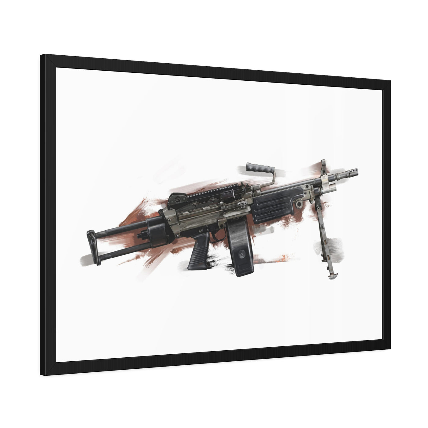 Belt-Fed 5.56x45mm Light Machine Gun Painting - Red Background - Black Frame - Value Collection