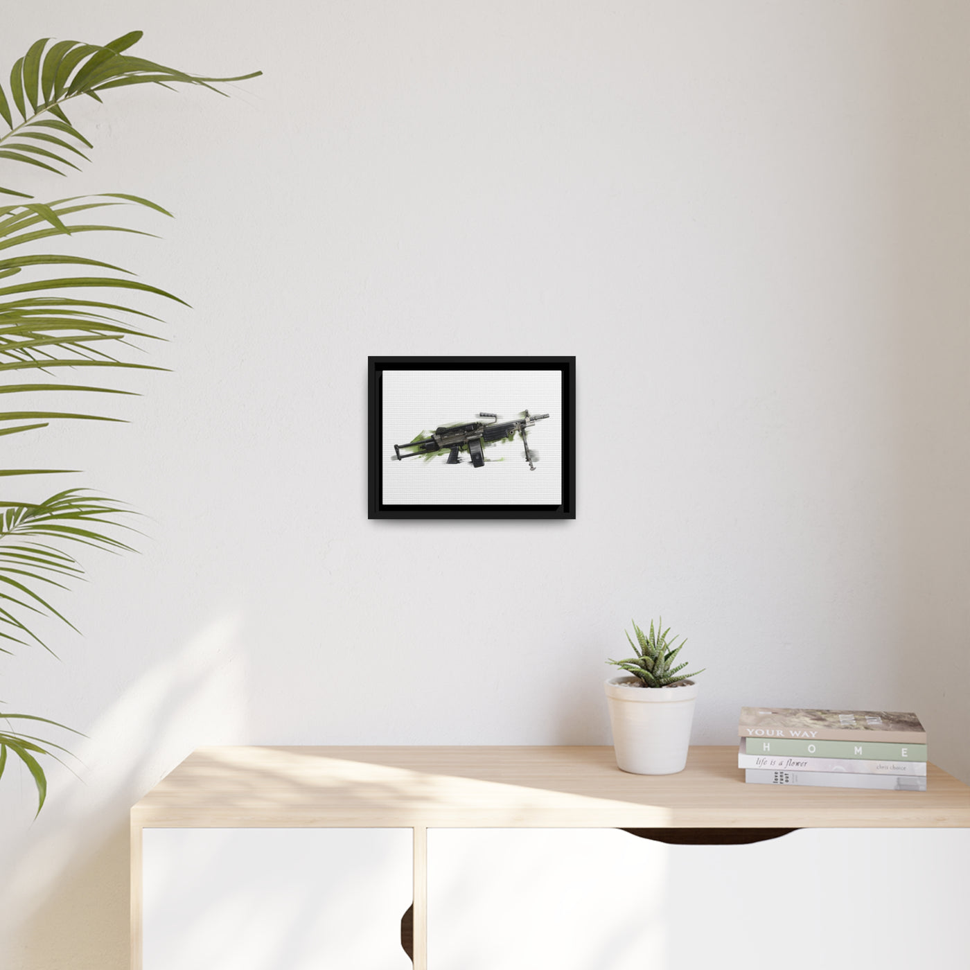 Belt-Fed 5.56x45mm Light Machine Gun Painting - Green Background - Black Framed Wrapped Canvas - Value Collection