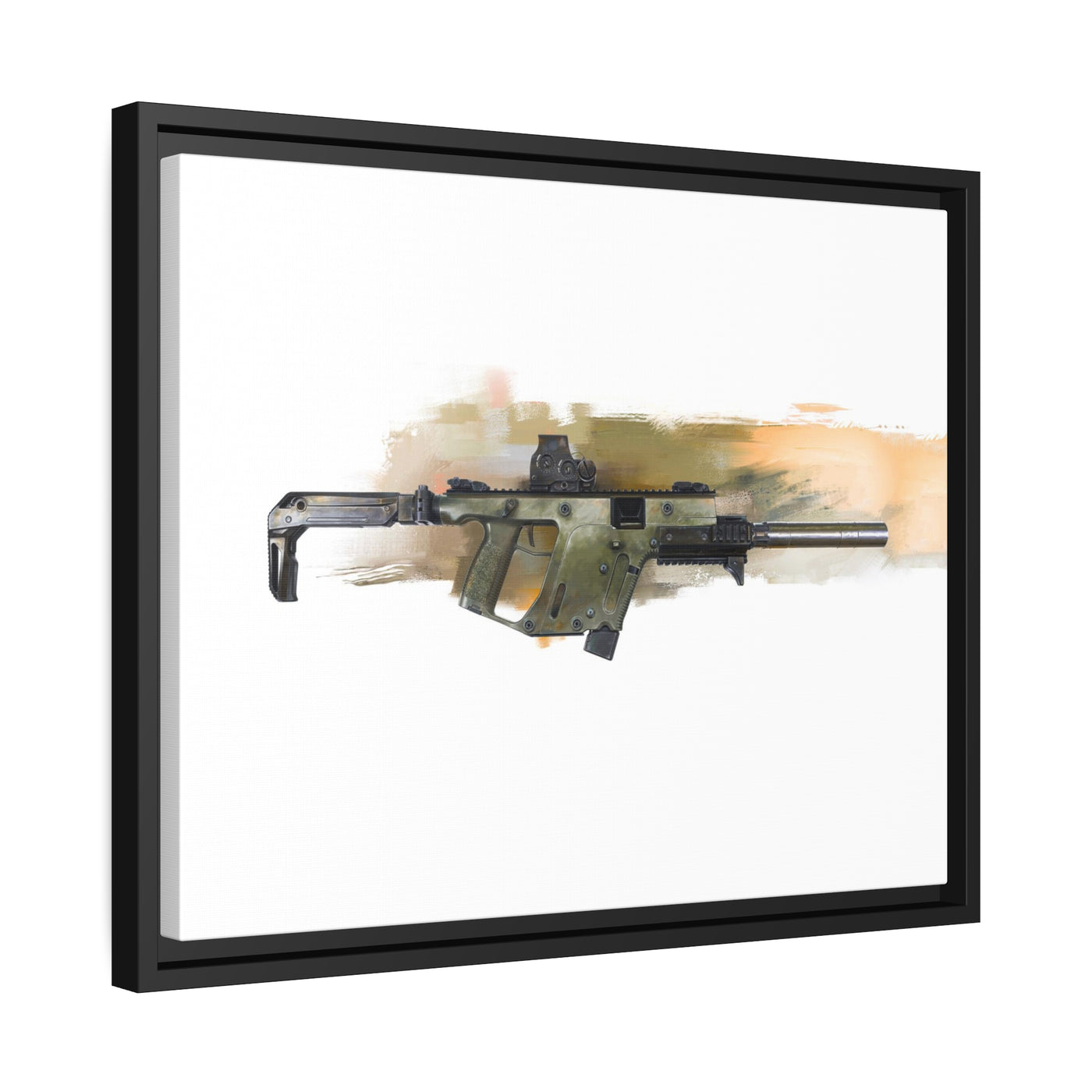 The Vindicator - Suppressed SMG Painting - Yellow Background - Black Framed Wrapped Canvas - Value Collection