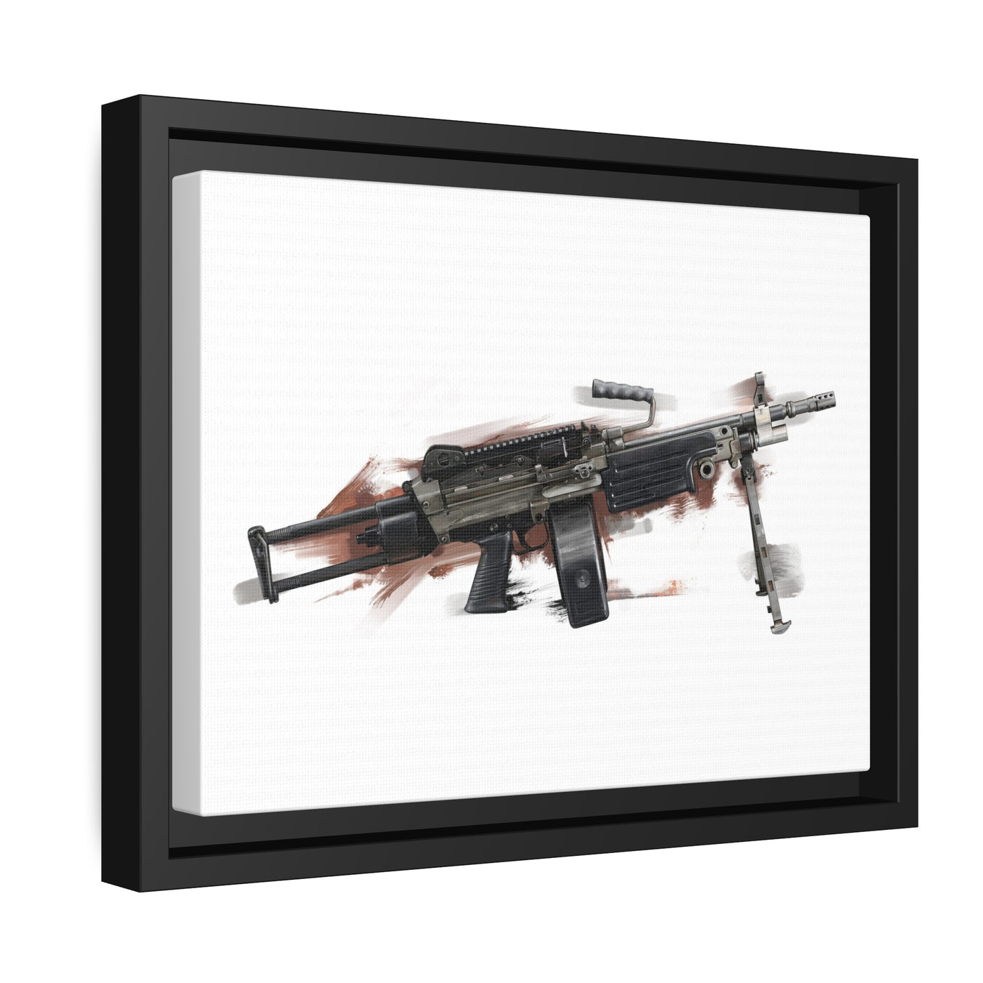 Belt-Fed 5.56x45mm Light Machine Gun Painting - Red Background - Black Framed Wrapped Canvas - Value Collection