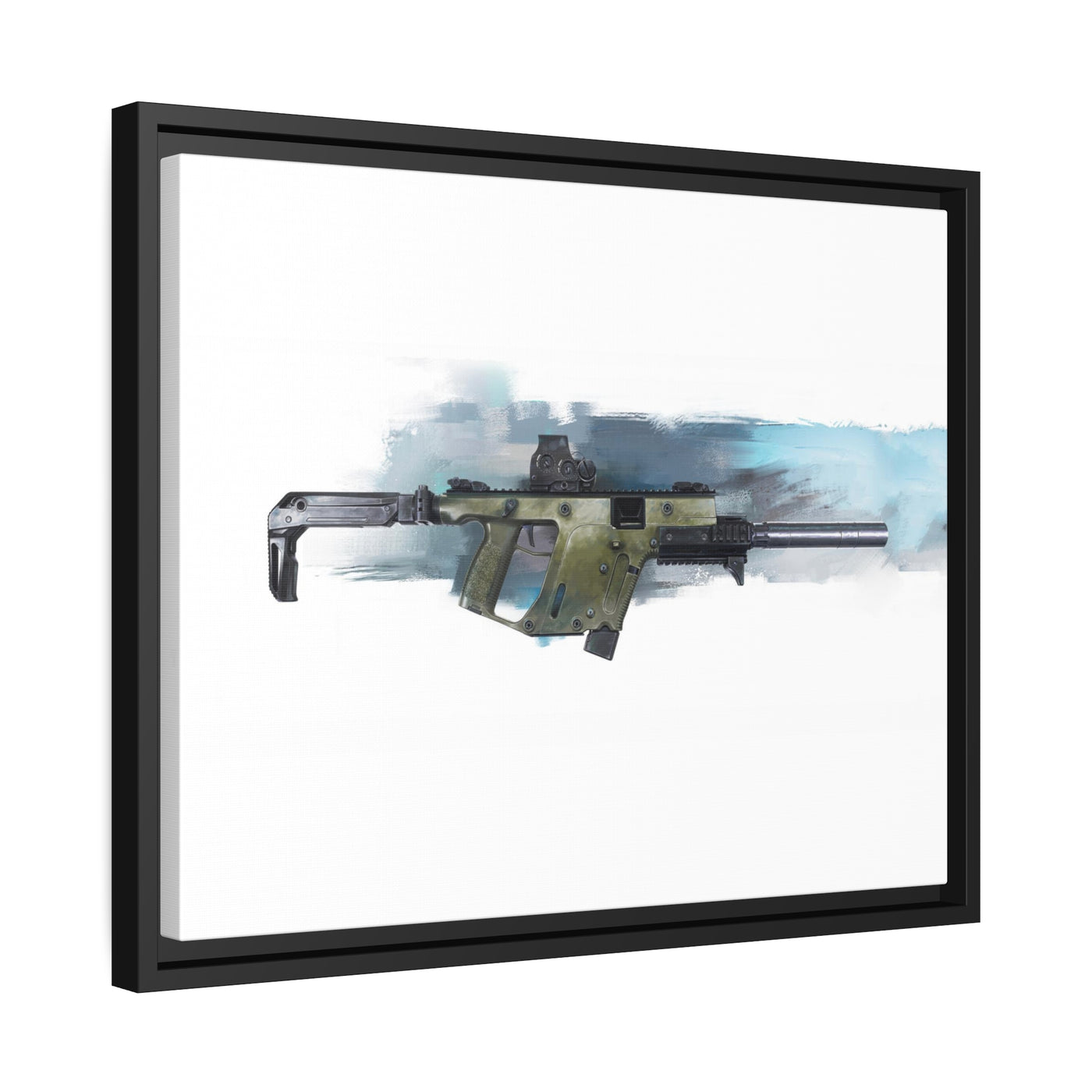 The Vindicator - Suppressed SMG Painting - Blue Background - Black Framed Wrapped Canvas - Value Collection