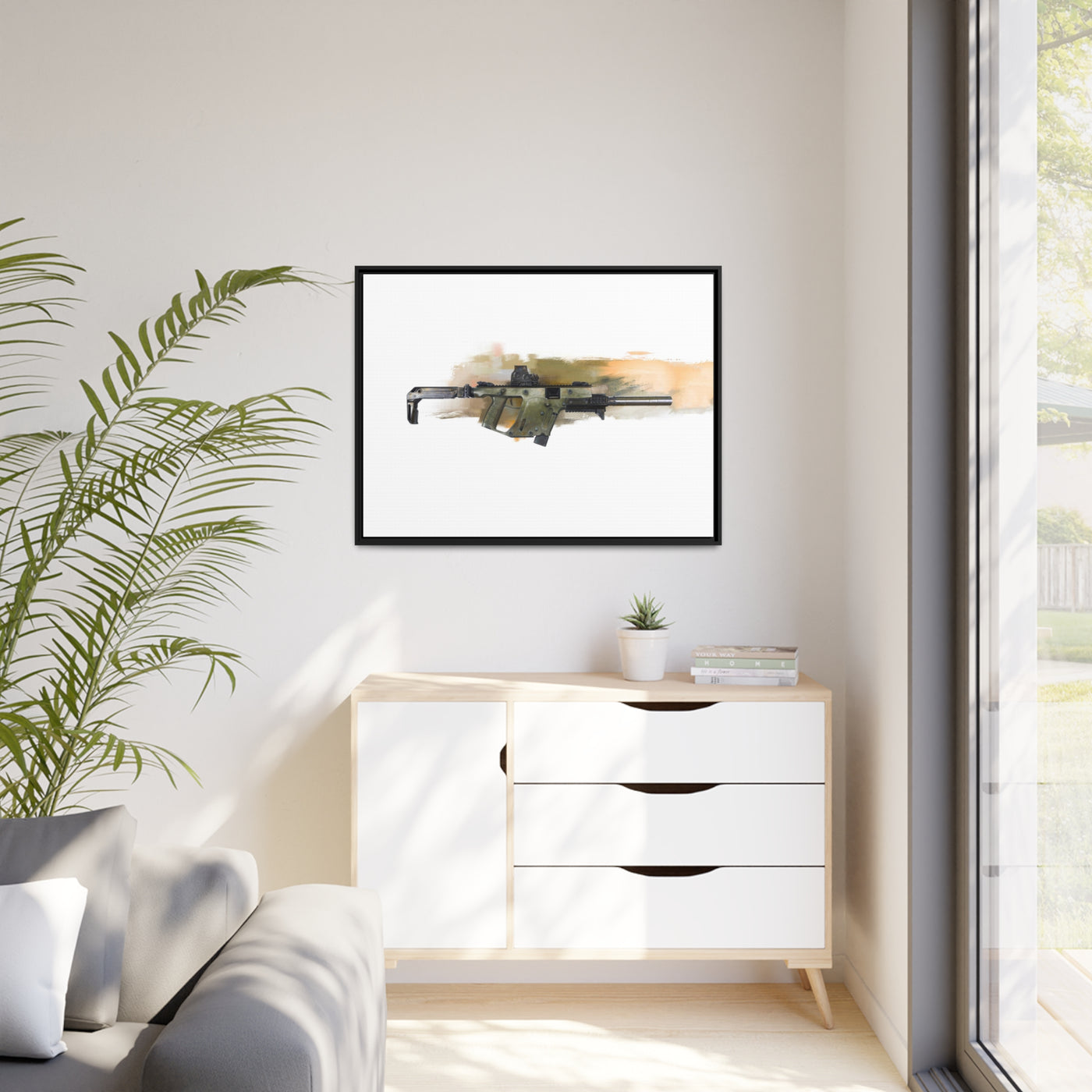 The Vindicator - Suppressed SMG Painting - Yellow Background - Black Framed Wrapped Canvas - Value Collection