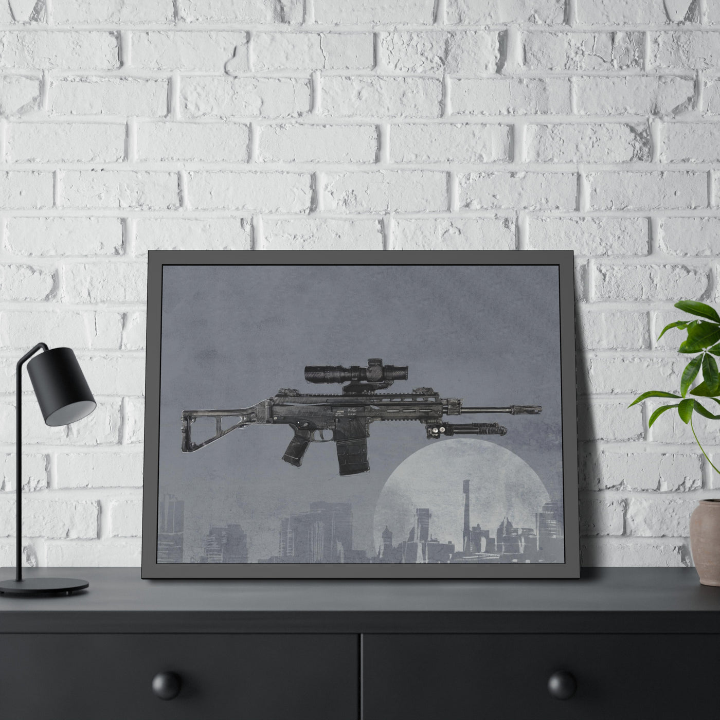 The Urban Sniper Painting - Grey Background - Black Frame - Value Collection