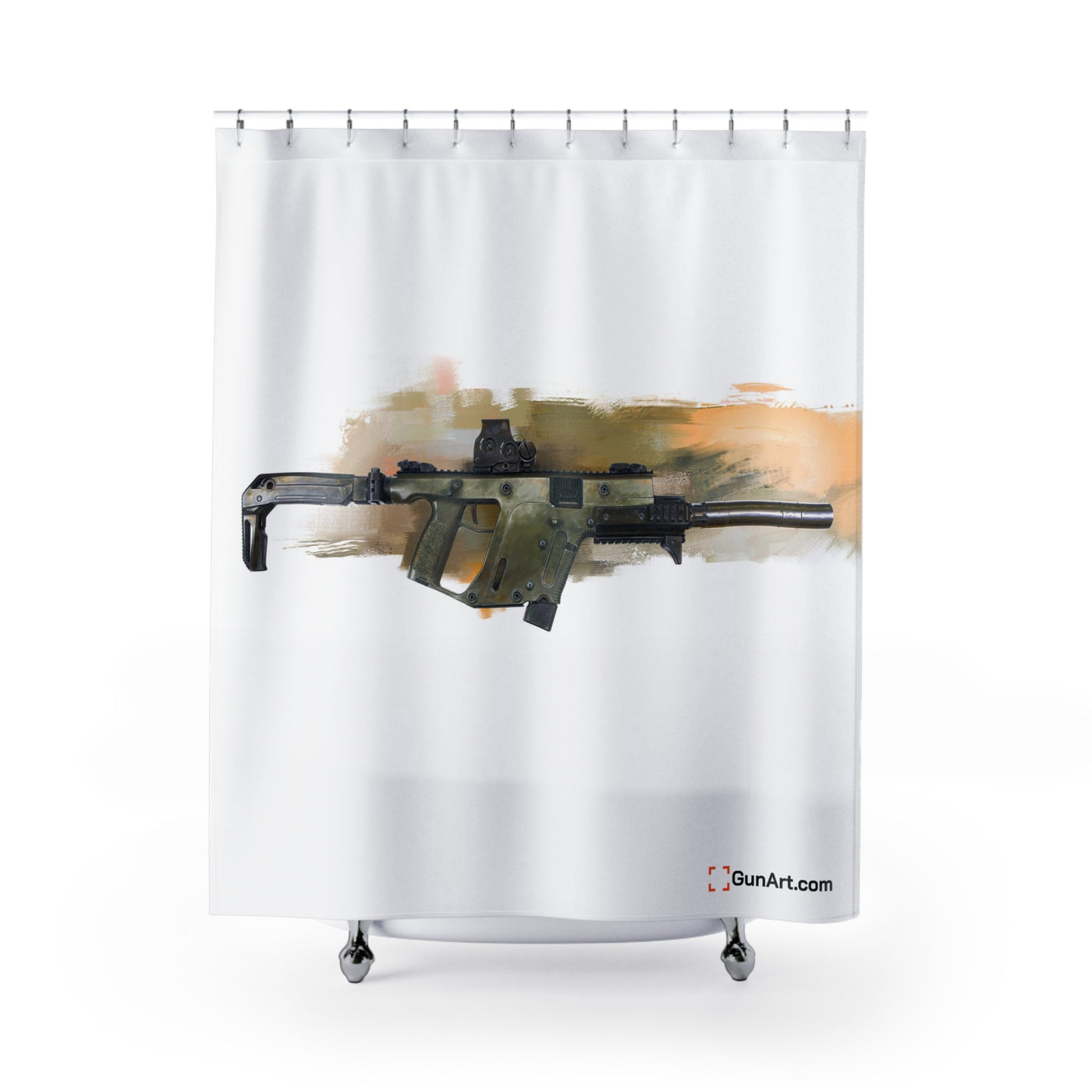 The Vindicator - Suppressed SMG Shower Curtain - Yellow Background