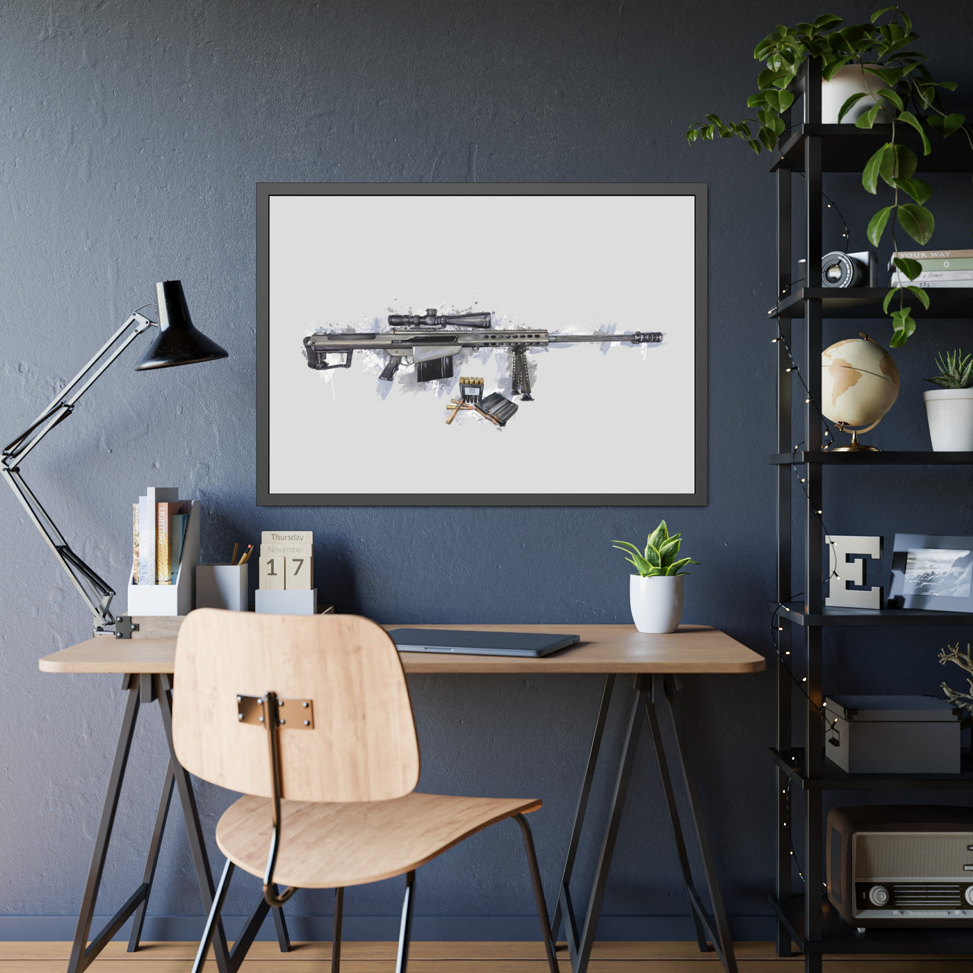 The Long-Range Legend - .50 Cal BMG Rifle Painting - Blue Accents - Black Frame - Value Collection