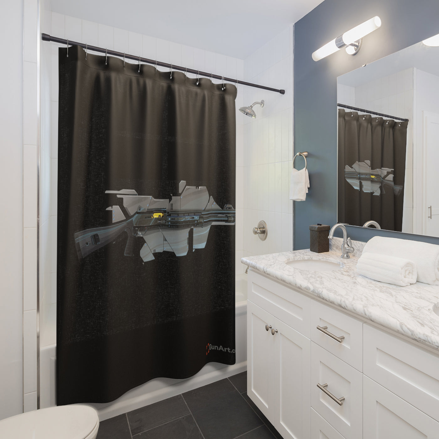 Special Ops Shotgun 12 Gauge Shower Curtains - Black Background