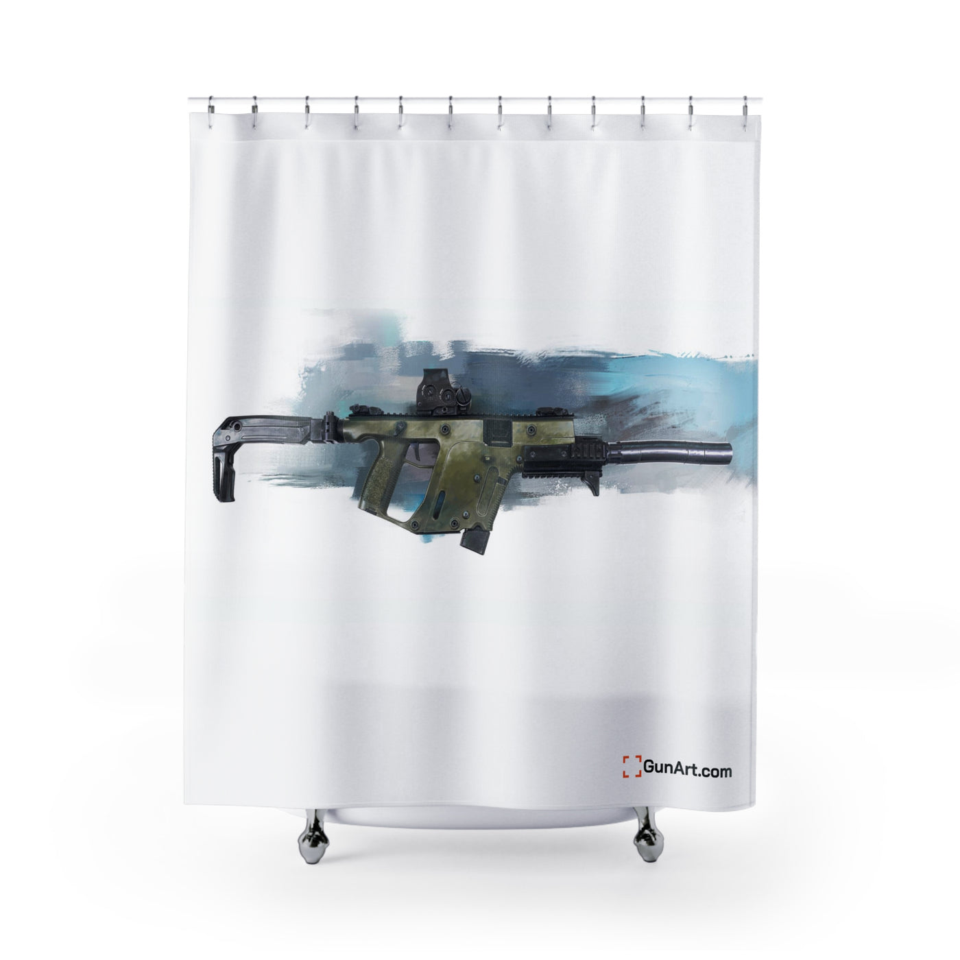 The Vindicator - Suppressed SMG Shower Curtain - Blue Background
