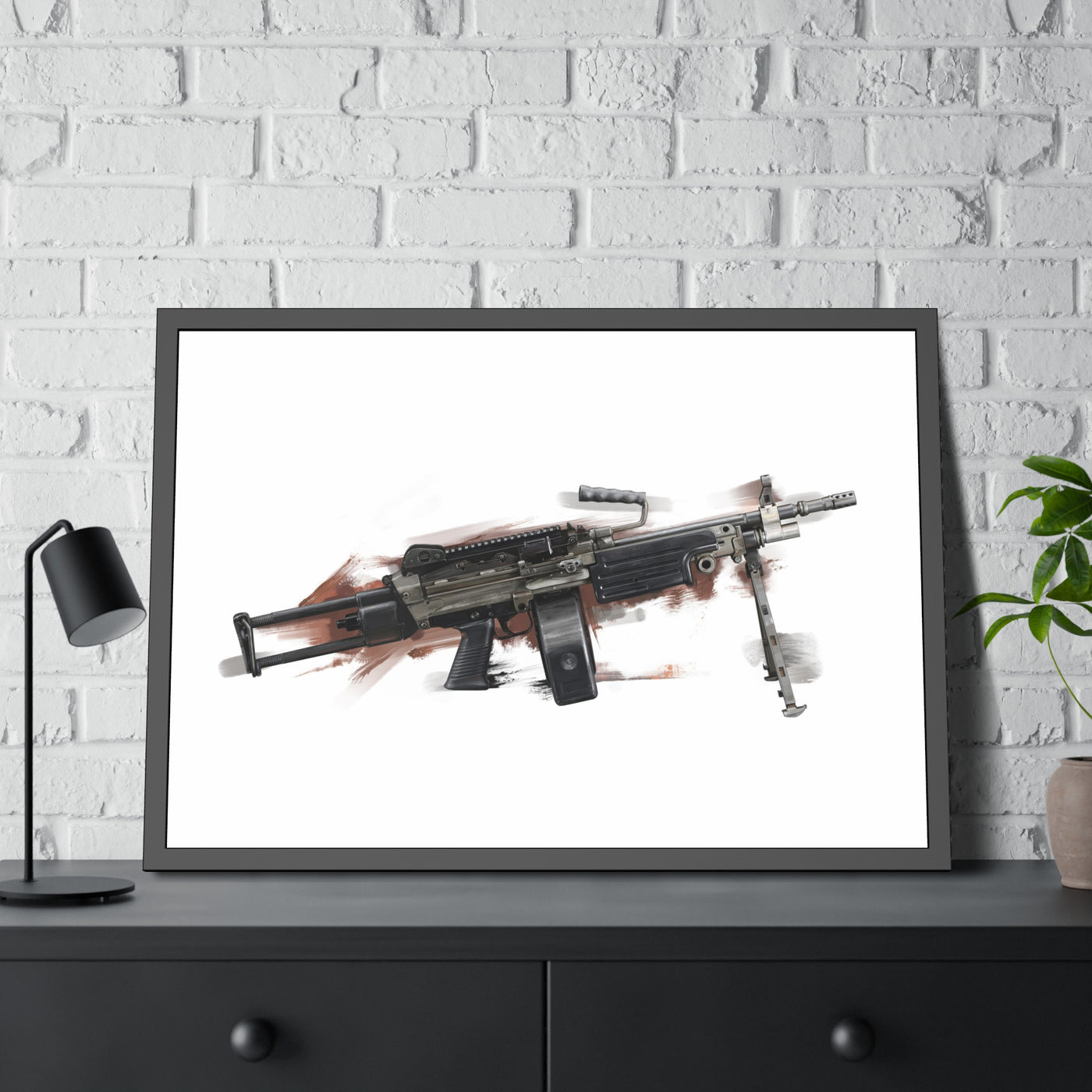 Belt-Fed 5.56x45mm Light Machine Gun Painting - Red Background - Black Frame - Value Collection