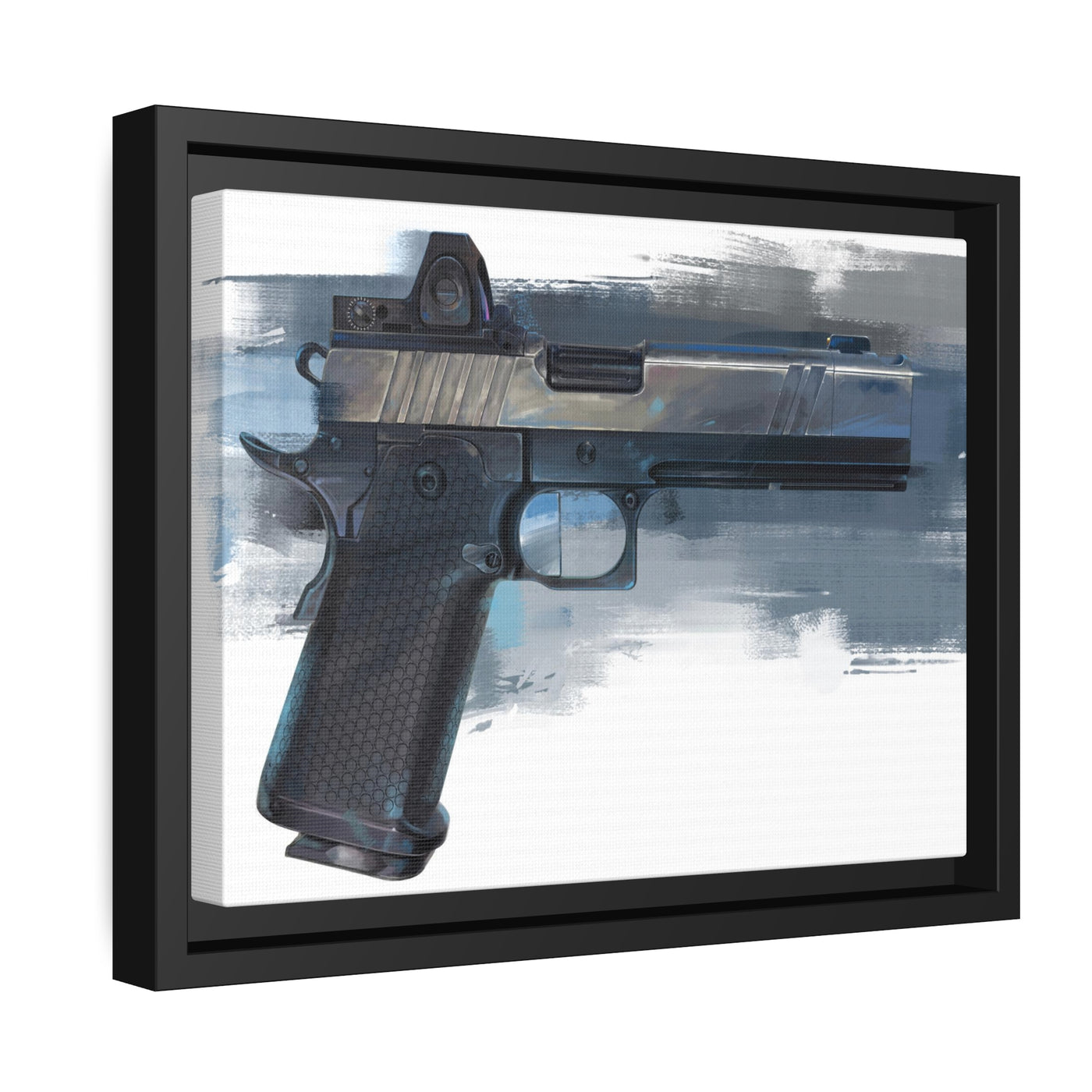 2011 Charlie - Pistol Painting - Blue Background - Black Framed Wrapped Canvas - Value Collection