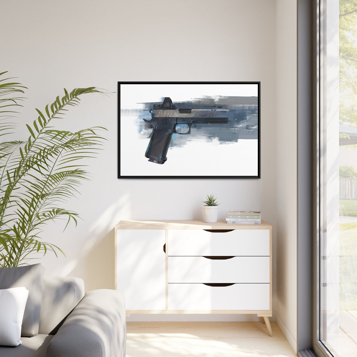 2011 Charlie - Pistol Painting - Blue Background - Black Framed Wrapped Canvas - Value Collection
