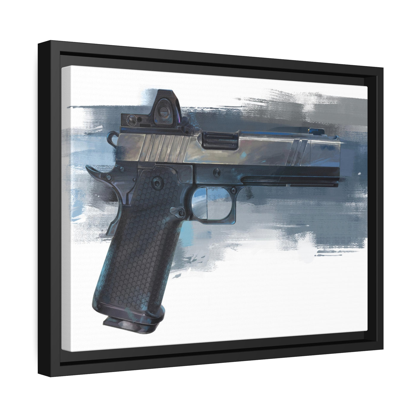 2011 Charlie - Pistol Painting - Blue Background - Black Framed Wrapped Canvas - Value Collection