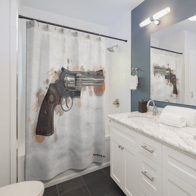 Wood & Stainless .357 Magnum Revolver Shower Curtains - Orange Background