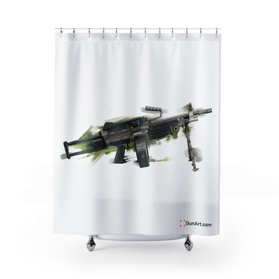 Belt-Fed 5.56x45mm Light Machine Gun Shower Curtains - Green Background