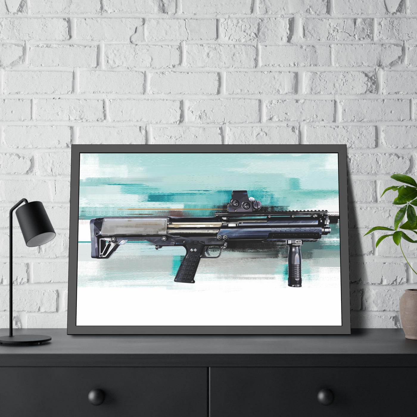 Tactical Bullpup Shotgun Painting - Green Background - Black Frame - Value Collection