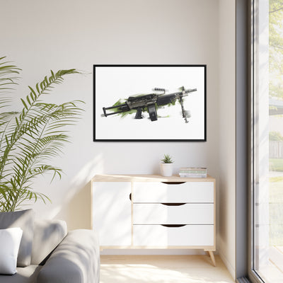 Belt-Fed 5.56x45mm Light Machine Gun Painting - Green Background - Black Framed Wrapped Canvas - Value Collection