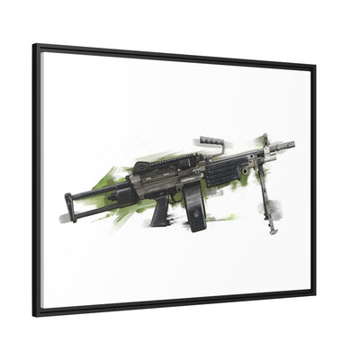 Belt-Fed 5.56x45mm Light Machine Gun Painting - Green Background - Black Framed Wrapped Canvas - Value Collection