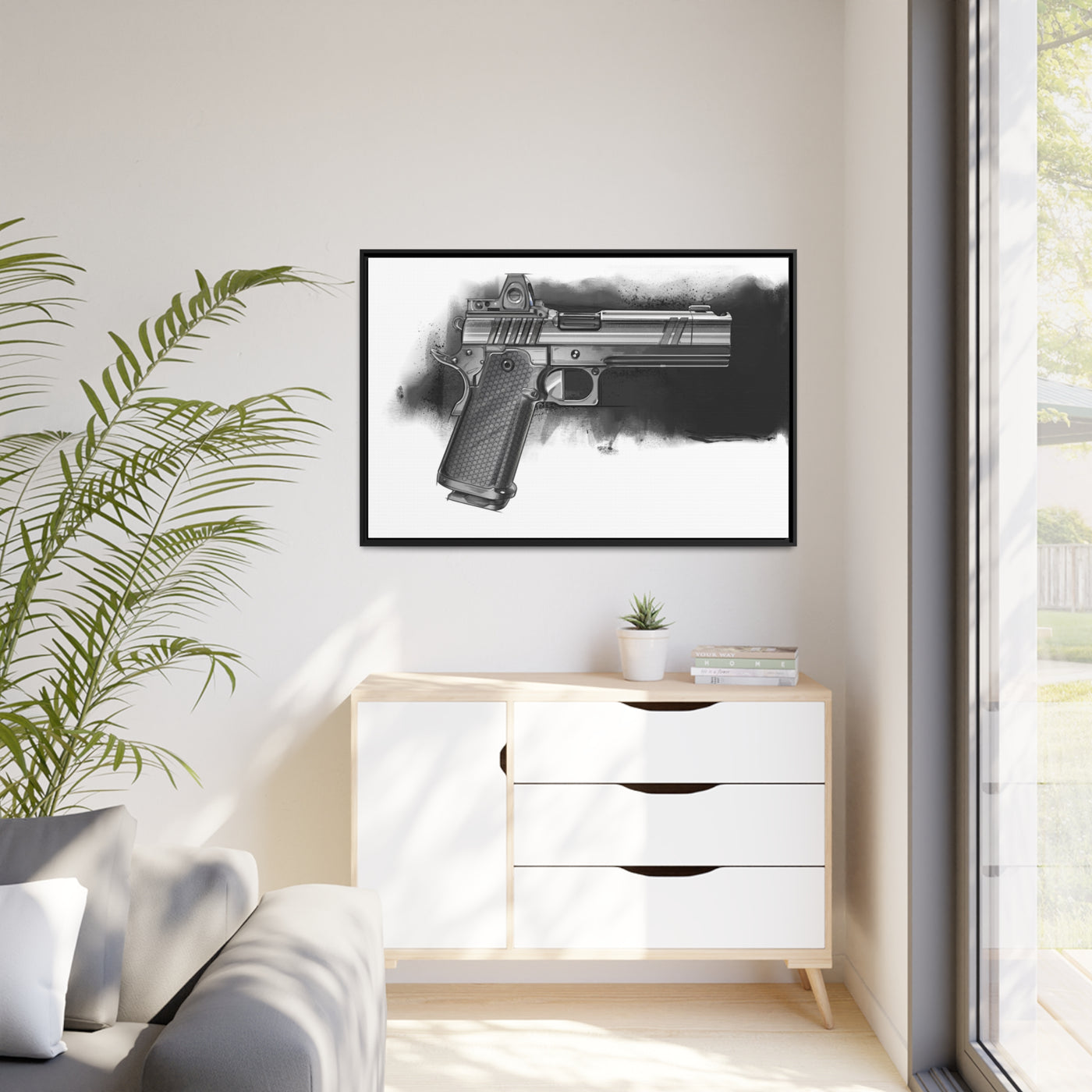 2011 Black & White Pistol Painting - Black Framed Wrapped Canvas - Value Collection