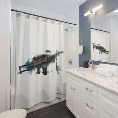Belt-Fed 5.56x45mm Light Machine Gun Shower Curtains - Blue Background