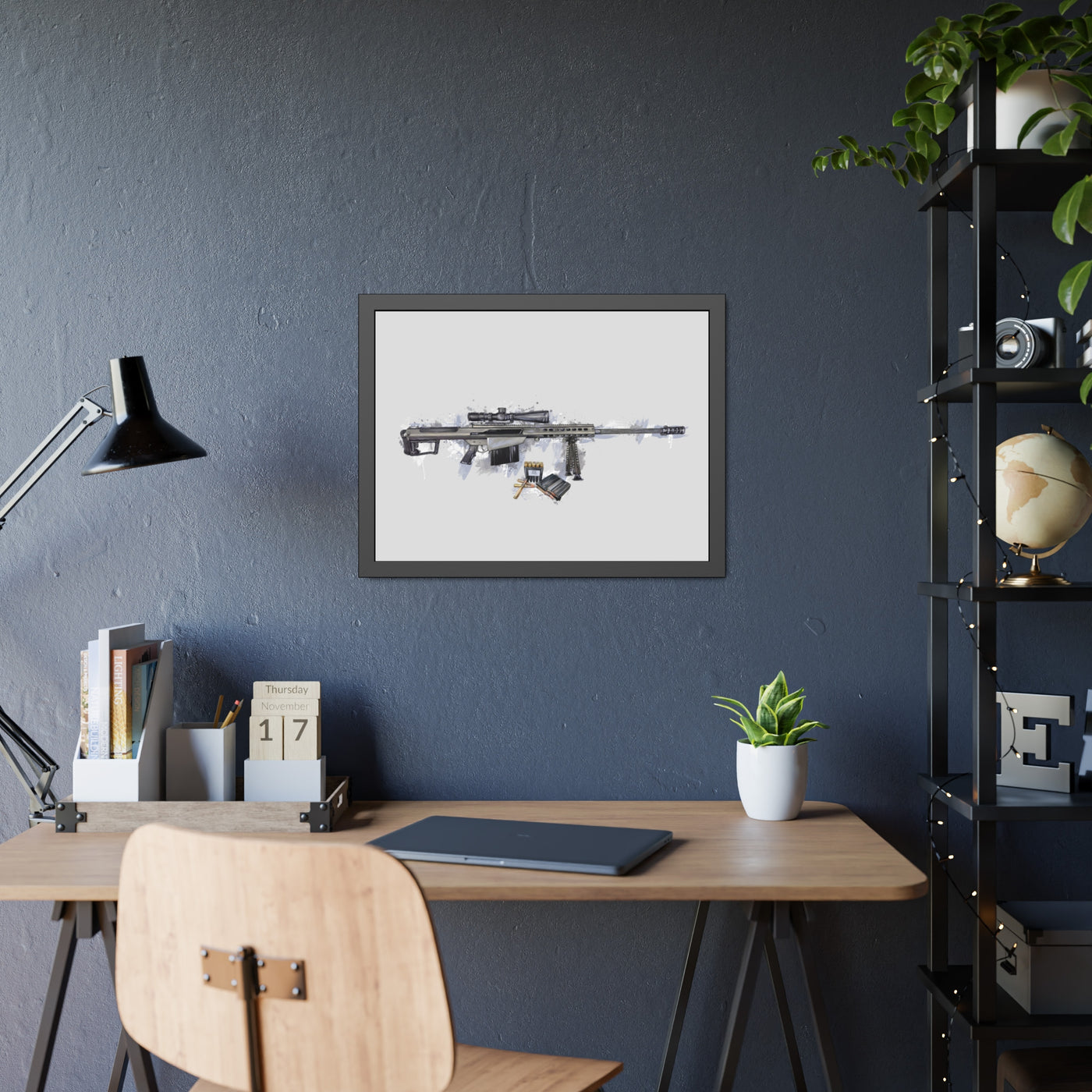 The Long-Range Legend - .50 Cal BMG Rifle Painting - Blue Accents - Black Frame - Value Collection