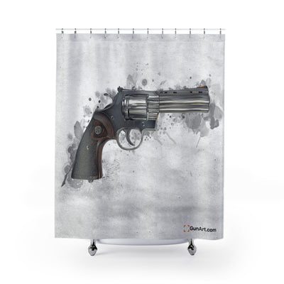 Wood & Stainless .357 Magnum Revolver Shower Curtains - Grey Background