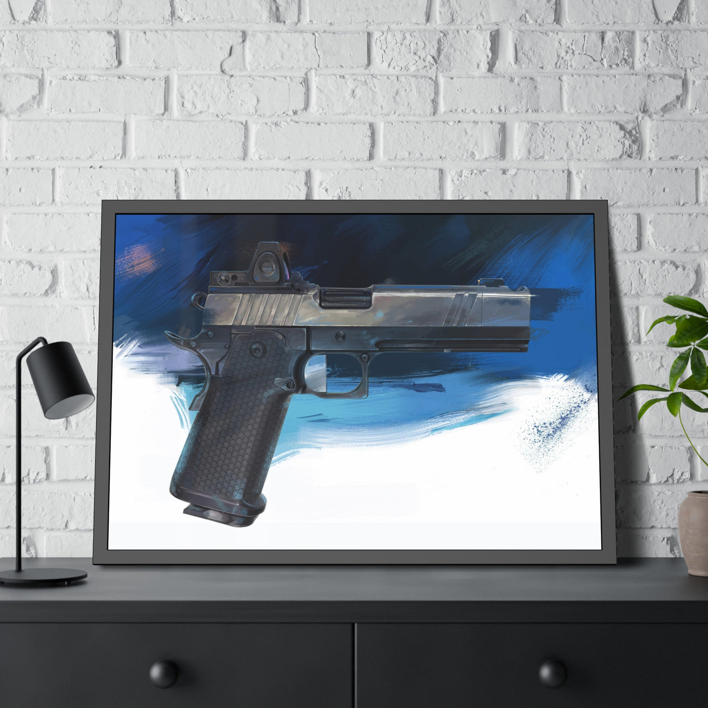 2011 Charlie - Pistol Painting - Dark Blue Background - Black Frame - Value Collection