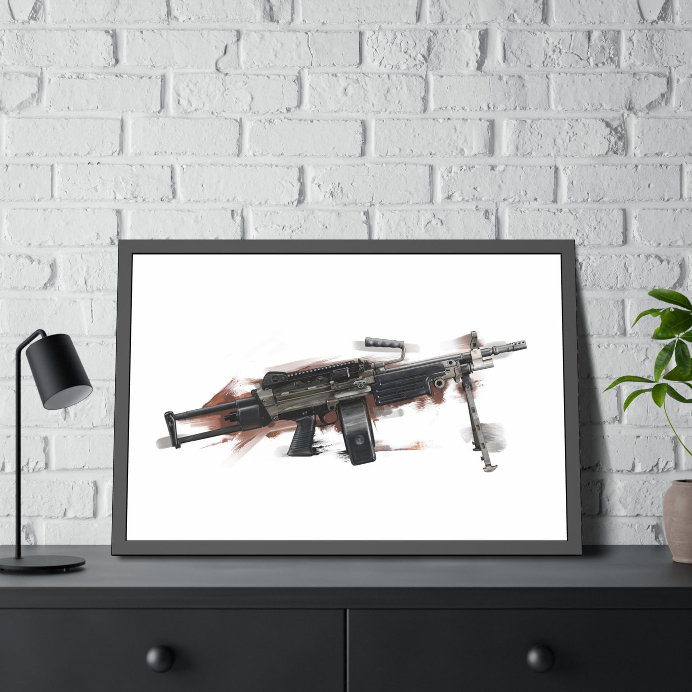 Belt-Fed 5.56x45mm Light Machine Gun Painting - Red Background - Black Frame - Value Collection